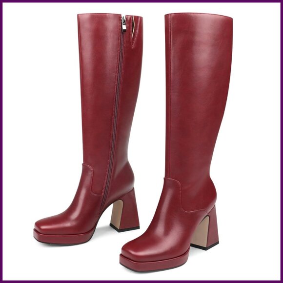 Knee High Boots Square Toe Chunky Heel Platform Side Zipper Winter Fashion